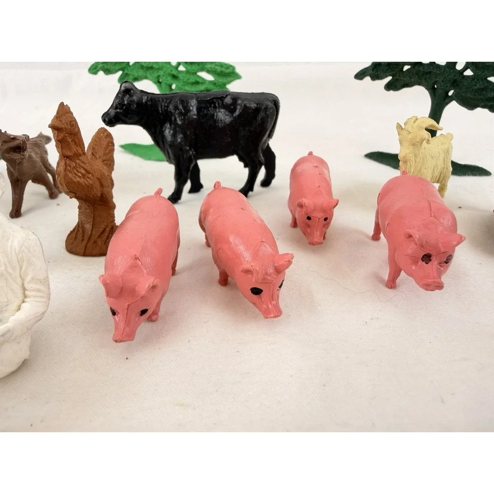 Vintage Plastic Farm Animals Figures Lot Marx MPC Trees Farmer Pigs Cow Horse